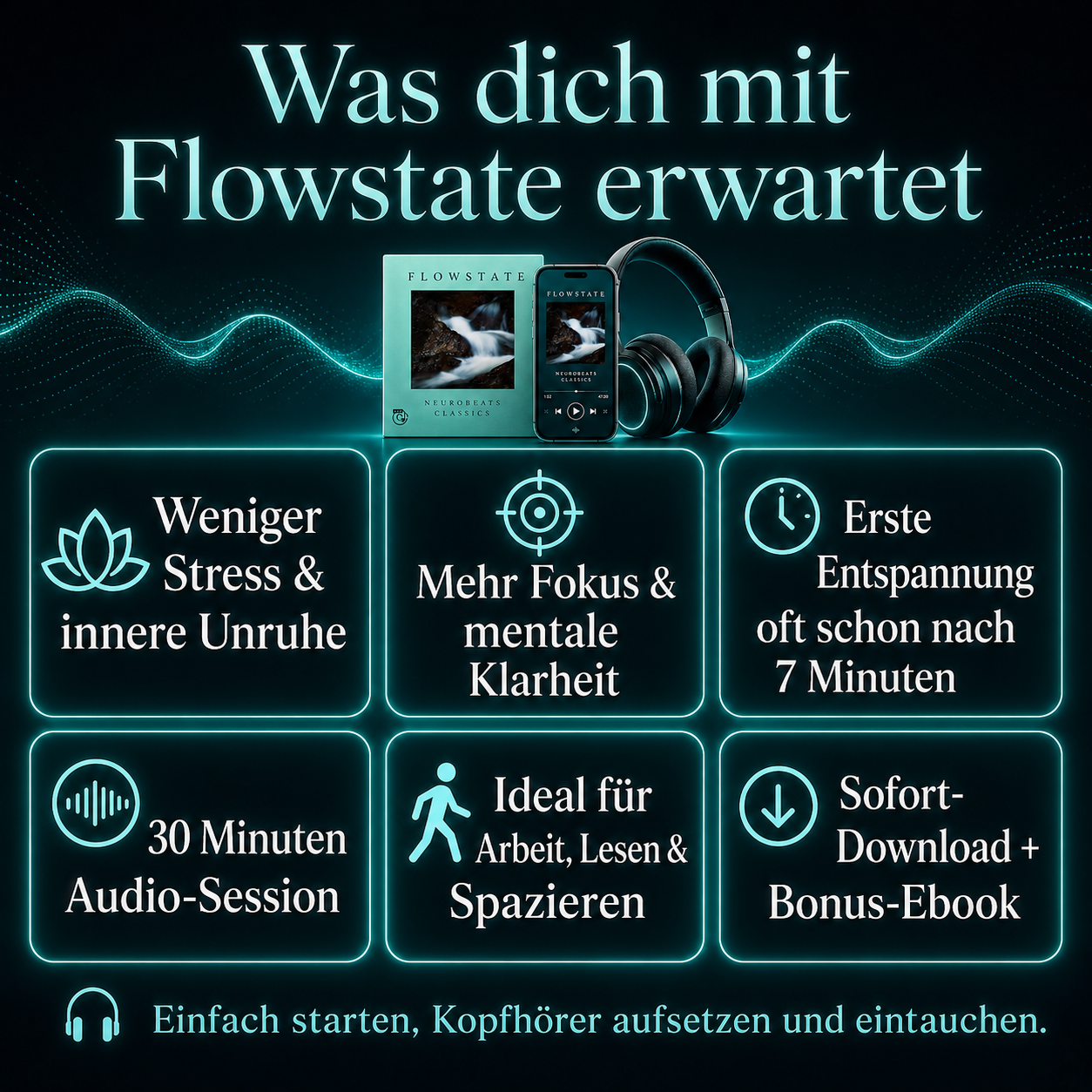 NeuroBeats Flowstate: Stress reduzieren, klarer denken und innere Balance finden – spürbar entspannter nach nur 7 Minuten.